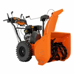 This ARIENS gas-powered walk-behind snow blower is equipped with a 4-cycle Ariens engine and variable speed settings. The 200° chute turning radius allows directional snow discharge, suitable for clearing driveways, sidewalks, and pathways.