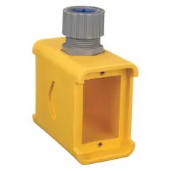 Yellow portable power outlet box with 2 gangs. Designed for temporary power distribution in industrial environments, construction sites, and maintenance areas. Provides a rugged enclosure for connecting tools and equipment.