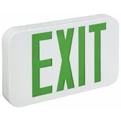 White plastic LED exit sign with green text and universal field selectable chevrons. Operates on 120/277 V AC with nickel cadmium emergency battery backup. Suitable for ceiling mounting with one or two illuminated faces. Used in commercial and industrial settings to mark egress paths.
