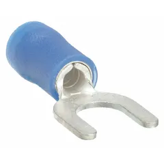 Insulated fork terminals with vinyl barrel and insulation grip, rated for 600 V. Accept 16 AWG to 14 AWG wire and fit 1/4 in studs. Standard fork design enables quick connection and disconnection on studs without full nut removal, suited for wiring in control panels and power distribution.