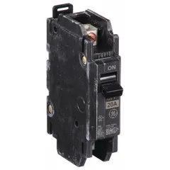 Unit-mount miniature circuit breaker from the THQC & THHQC Series, rated 20 A at 120/240V AC, single phase, with a maximum interrupting rating of 10kA at 120/240V AC. Designed for use with GE panelboards in branch circuit protection for electrical distribution systems.