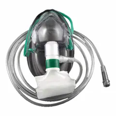 Disposable non-rebreather mask made of plastic, delivering 60% oxygen concentration. Red Cross Compliant. Includes mask only. Used in emergency medical and first-aid settings for oxygen therapy.