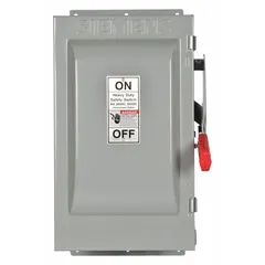 The Siemens HF322J is a 60 A, three-phase fusible safety switch rated for 240V AC. It features a galvanized steel enclosure designed for indoor use. This switch provides a means for disconnecting power and overcurrent protection in industrial electrical systems.