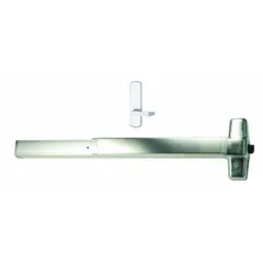 Rim-type exit device with touchbar style for doors up to 3 ft wide. Chrome finish with dummy pull outside trim. ADA compliant. Suitable for commercial egress applications requiring interior push-pad operation without exterior trim function.