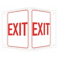 V-shaped projection exit sign made of aluminum. Nominal sign size is 6 in x 7 1/2 in. Single-sided printed. Mounting holes style for secure wall or ceiling installation. Not retroreflective and not glow-in-the-dark. Suitable for marking emergency exits in industrial, warehouse, and commercial settings