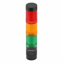 Three-tier tower light assembly with green, red, and yellow light tiers for visual status indication in industrial automation and machine safety applications. Operates on 24V AC/DC supply, overall height 215 mm, no sounder tier. Suitable for signaling normal operation, warning, and fault conditions.