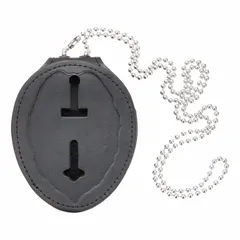 Black leather badge holder for securing and displaying ID badges, access cards, or credentials. Universal fit accommodates standard badge sizes. Suitable for use in industrial environments such as plants, warehouses, and facilities requiring personnel identification.