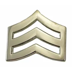 Metallic chevron insignia denoting the rank of Sergeant. Constructed of metal with a silver finish, measuring 3/4 inch. Attaches via clutch pin. Sold as a pair. Suitable for uniform wear in military, law enforcement, and ceremonial applications.