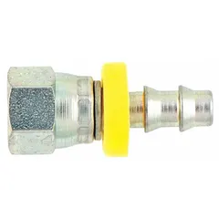 Brass barbed hydraulic hose fitting with JIC female x hose barb male connection. Designed for -8 dash size hose (1/2 in I.D.). Used in hydraulic systems to connect hose to JIC male ports for fluid power applications.