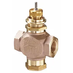 Bronze body globe valve with stainless steel stem and brass seat. Tee configuration with 2 in female NPT connections and a CV flow rating of 46.2. Used for mixing or diverting flow in hydronic heating and cooling systems.
