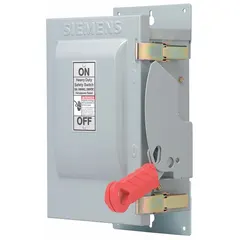 The Siemens HF361J is a 30 A, three-phase fusible safety switch rated for 600V AC. It is housed in a galvanized steel enclosure for indoor use. This switch is used to safely disconnect power in industrial electrical systems for maintenance or emergency shutdown.