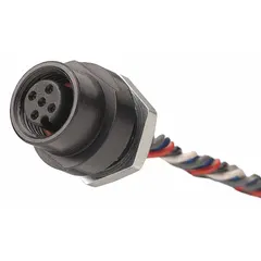 Panel mount actuator and sensor receptacle with 5 pins and 1/4"-18 mounting thread. Includes 1 ft wire length. Rated IP67 for protection against dust and water ingress. Suitable for connecting sensors and actuators in industrial automation systems.
