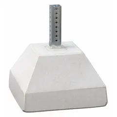 Concrete sign base for 2 in x 2 in square sign posts. Gray concrete construction with integrated square post sleeve. Provides stable anchoring for temporary or permanent signage in traffic control, parking lot, and construction zone applications.