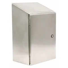 This WIEGMANN enclosure is fabricated from 304 stainless steel with a sloped top and hinged cover secured by a 1/4-turn latch. It measures 36 x 30 x 8 inches and is rated NEMA 12/13/3R/4/4X, making it suitable for indoor and outdoor use in environments requiring protection against dust, water, and corrosion. Knockouts are not included. Typical applications include housing electrical controls and instrumentation in industrial, washdown, and corrosive locations.