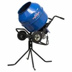 Corded concrete mixer with a 3 cu ft steel drum and steel frame, powered by 115 V. Designed for mixing concrete in small to medium construction, renovation, and masonry applications.