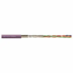 Shielded continuous flexing bus drop cable for Profinet systems. Features (2) pair 22 AWG conductors with a PUR jacket. Minimum bend radius factor of 8 x OD for fixed installation and 12 x OD for flexible applications. Suitable for use in cable carriers and automated machinery where constant motion occurs.