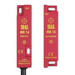 This OMRON MA Series safety interlock switch features a 2NC contact configuration and pre-cabled termination with a 19.69 ft cable. It is used for monitoring the position of movable guards and doors on industrial machinery to prevent operation when access is required.
