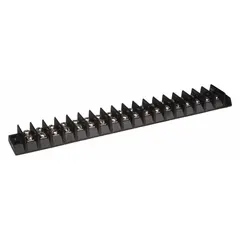 This 18-pole surface mount barrier strip accepts wire sizes from 22 AWG to 10 AWG and is rated for a maximum current of 30 A. It is used for organizing and securing electrical connections in control panels, junction boxes, and machinery. Cover not included.