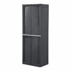 This vertical outdoor storage shed is constructed from corrosion-resistant polypropylene, making it suitable for damp environments. It measures 24 3/4 inches long by 13 3/8 inches deep by 68 1/2 inches high, with a gray finish. The unit is lockable and includes shelves for organizing garden tools, pool supplies, or patio gear. Supplied unassembled.