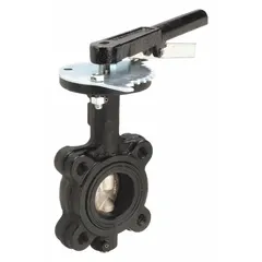 Concentric, lug-style butterfly valve with ductile iron disc and lever handle. Rated for 200 psi CWP. Suitable for on-off flow control of water, air, and non-corrosive fluids in industrial piping systems.