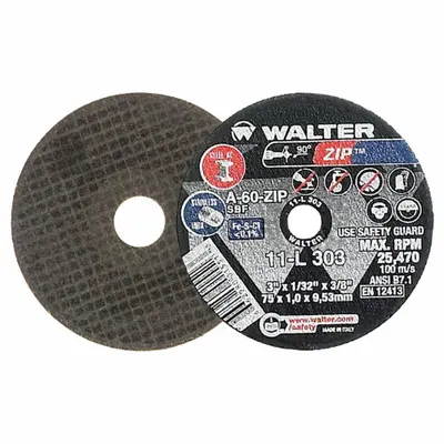 WALTER SURFACE TECHNOLOGIES Abrasive Cut-Off Wheel: Type 1, 3" x 1/32" x 3/8", Aluminum Oxide, 60 Grit - General Purpose Cut-Off Wheels for Carbon & Stainless Steel
