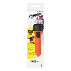 Orange flashlight delivering 150 lumens with a 175 m max beam and 12-hour runtime at max brightness. Requires 2 AA batteries. Suitable for general-purpose illumination in industrial, maintenance, and emergency contexts.