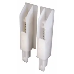 This hanging door guide measures 2 19/32 in long by 3 3/4 in wide and supports doors up to 30 lb. It is used to guide and stabilize sliding doors within their track, reducing sway and friction for smooth operation in bypass or pocket door systems.