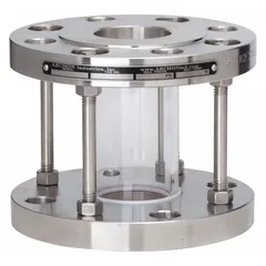 This single-wall sight flow indicator features a Type 316 stainless steel body, borosilicate window, and PTFE seal. Designed for vertical mounting, it allows visual confirmation of fluid flow, color, and clarity in piping systems. Supports flow in any direction with a maximum operating pressure of 150 psi.