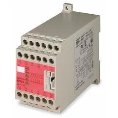 DIN-rail mounted safety relay extension module for expanding safety outputs in industrial control systems. Operates on 24V AC/DC with 2 inputs and 8 terminals. Output switch configuration is 1 normally open (NO) main contact. Suitable for use in safety circuits such as emergency stop and guard door monitoring.