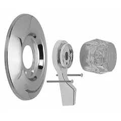 This tub and shower trim kit includes a chrome-finished circular metal trim plate and a zinc handle. Designed for use with 993 Mixet bathtub and shower valves, it provides a replacement or upgrade for the handle and trim assembly in residential or commercial bathroom installations.