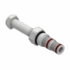 Steel screw-in solenoid cartridge valve with polyurethane seal. Two-position, three-way configuration for directional flow control in hydraulic systems. Compatible with C08-3 cavity size. Suitable for cylinder actuation and pilot control applications.