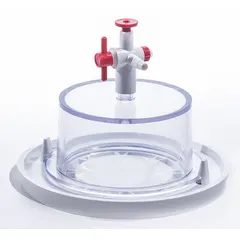 Rectangular vacuum desiccator with 0.02 cu ft capacity, made of clear polycarbonate. Includes a lid and has an overall diameter of 6 3/4 in. Used in laboratory settings for drying samples or storing moisture-sensitive materials under vacuum.