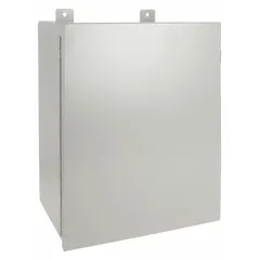 This WIEGMANN steel enclosure measures 30 x 24 x 9 inches and is rated NEMA 12/13 for protection against dust, dirt, oil, and water seepage. It features a solid hinged cover secured by clamps and does not include knockouts. Suitable for housing electrical controls and instruments in industrial environments.