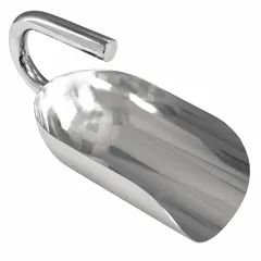 This stainless steel hand scoop is designed for sanitary material handling in food processing, pharmaceutical, and clean-room environments. It features a 50 oz capacity, 14 in overall length, and 5 1/2 in overall width. The silver finish and stainless steel construction support hygienic transfer of dry ingredients or powders.