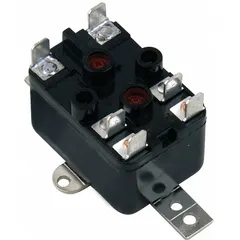 This fan-control relay features a single-pole single-throw (SPST) contact that can be configured as normally closed or normally open. It operates with a 208/240V AC coil and is used in HVAC systems to control fan motors based on system demand.