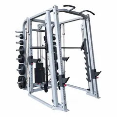 Multi gym machine with vinyl construction. Overall length of 123 inches and width of 87 inches. Suitable for strength training and functional fitness exercises such as squats, bench presses, and pull-ups in commercial or home gym settings.