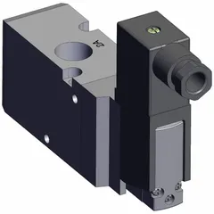 Three-way, two-position solenoid valve with single solenoid, normally closed configuration. Female 3/8 BSPT port, 24V DC operation. Used to direct or block compressed air in pneumatic systems for actuating cylinders or piloting larger valves.