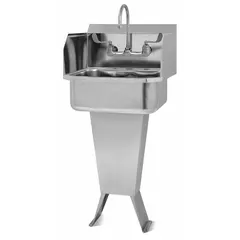 This one-station freestanding hand sink includes a faucet and side splash. Constructed from 18-gauge material, it features a 17-inch bowl length and 7-inch bowl depth with a 2 gpm flow rate. Suitable for commercial hand-washing applications in facilities requiring convenient hand hygiene stations.