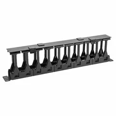 Horizontal finger-style cable manager for routing and organizing patch cables in a 1U rack space. Single-side design with 4 1/2-inch overall depth helps maintain airflow and reduce cable strain. Constructed of black plastic.
