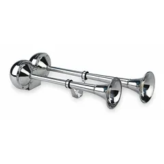 Electric-powered horn for trucks, operating on 12V DC and producing a high tone with a maximum sound level of 114 dB. Finished in white paint and supplied with stainless steel mounting hardware. Suitable for use as an audible warning device on heavy vehicles.