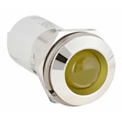 This LED indicator pilot light features a yellow raised head and mounts in a 16 mm panel hole with an M16 thread. It connects via a 0.11 Male Quick Disconnect for straightforward wiring. Used in industrial control panels and machinery to provide a clear visual status signal.