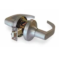 This storeroom lever lockset features a satin chromium-plated heavy gauge steel finish and is ADA compliant. It accepts Small Format Interchangeable Cores (SFIC) and is configured with ANSI F86 function for key-only entry from outside and free egress from inside. Suitable for interior commercial doors requiring security and accessibility
