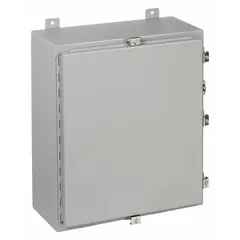 This steel enclosure is rated NEMA 12/13/4 for protection against dust, oil, water, and corrosion. It measures 36 x 30 x 12 inches with a solid hinged cover secured by clamps. No knockouts are provided. Suitable for housing electrical controls and instruments in industrial environments requiring washdown capability.