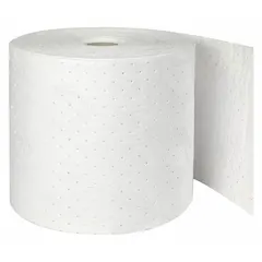 White polypropylene sorbent roll for absorbing industrial spills, leaks, and drips. Handles oils, coolants, solvents, and water-based fluids. Roll dimensions: 150 ft length, 15 in width.