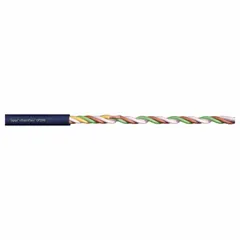 This continuous flexing data cable features 26 AWG, 4 conductors in a twisted-pair configuration with a TPR jacket. Rated 300 V, it offers UV/sunlight resistance and a minimum bend radius of 3 x OD for fixed installation and 4 x OD for flexing. Suitable for use in cable carriers and applications involving repeated bending.