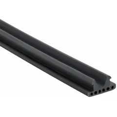 Thermoplastic vulcanizate closure strip, painted black, for use with 1-5/8 in strut channels. Seals the open channel face to prevent debris accumulation and reduce contact with channel edges in electrical and mechanical support systems.