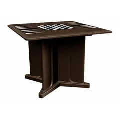 Square X-base table with included game top, 42 inches wide by 42 inches deep. Brown finish. Suitable for break rooms, outdoor patios, or industrial lounges for recreational activities.