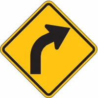 12 in x 12 in nominal size aluminum sign with High-Intensity Prismatic retroreflective grade. Warns drivers of an upcoming right curve in the roadway. Suitable for highways, construction zones, and facility roads