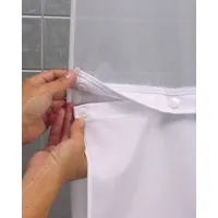 This polyester shower curtain liner in solid white provides a waterproof barrier to protect outer curtains from moisture. The snap-in mounting type allows secure attachment without hooks, suitable for residential and commercial bathrooms