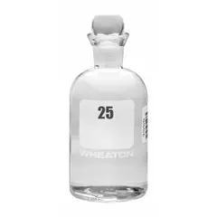 Glass bottle for biochemical oxygen demand testing. Narrow mouth with colorless body and pennyhead stopper closure. 300 mL capacity, 165 mm height. Meets ASTM/USP standards. Sequence numbers 25-48.
